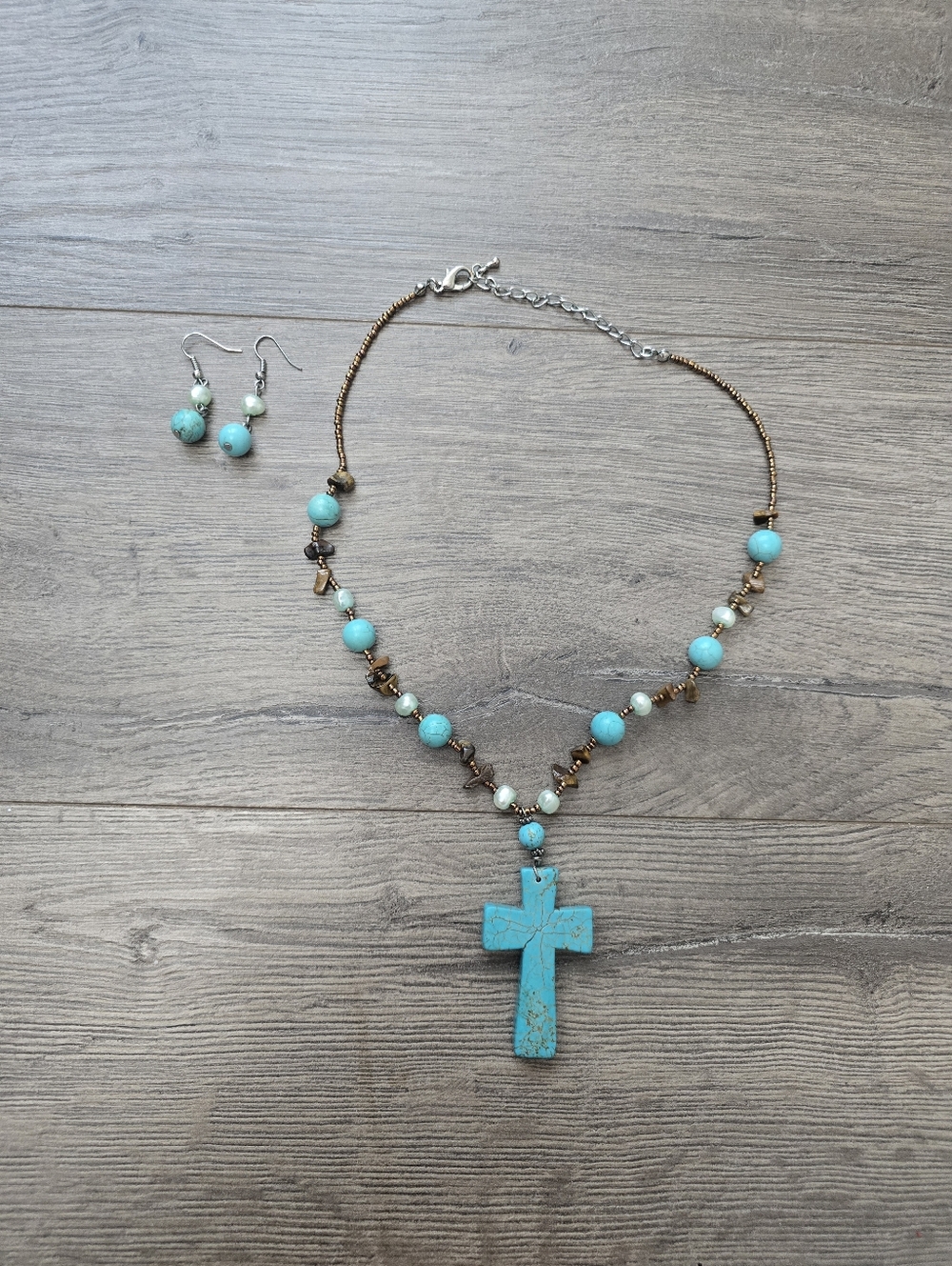 Turquoise Cross Necklace And Earrings Beads Boho Western Festival Cowgirl